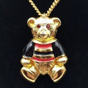 Anne Klein AKII Gold Tone Teddy Bear Necklace Enamel Striped Shirt Crystal Eyes